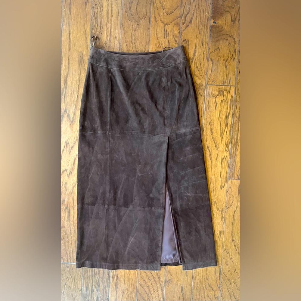 F by Faconnable  brown (goat skin leather) suede skirt with front slit. Size 10